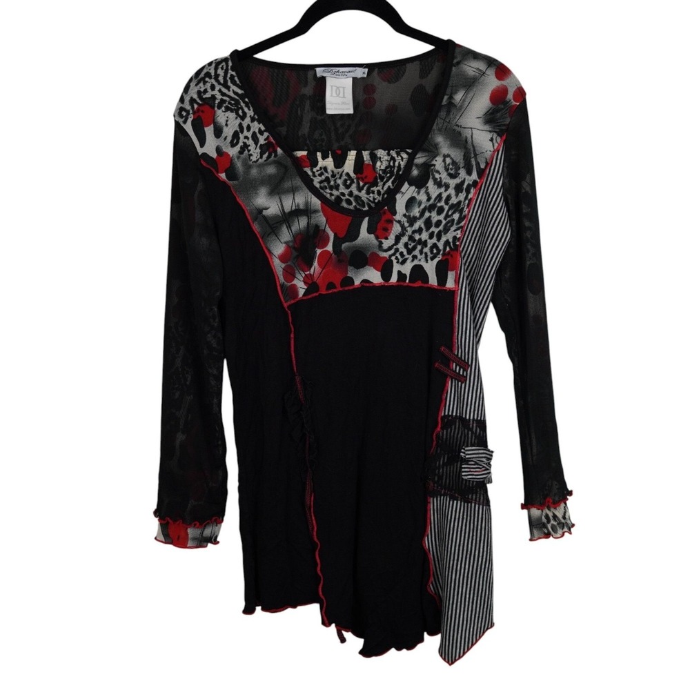 Dzhavael Couture Asymmetrical Patchwork Tunic Top XL‎ Boho Artsy Mesh Sleeve